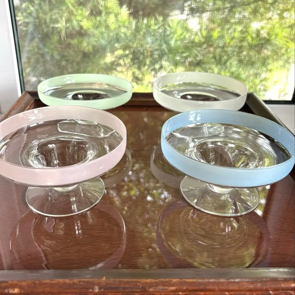 Set of 4 Vintage Pastel Frosted Rim Glass Dessert Bowls